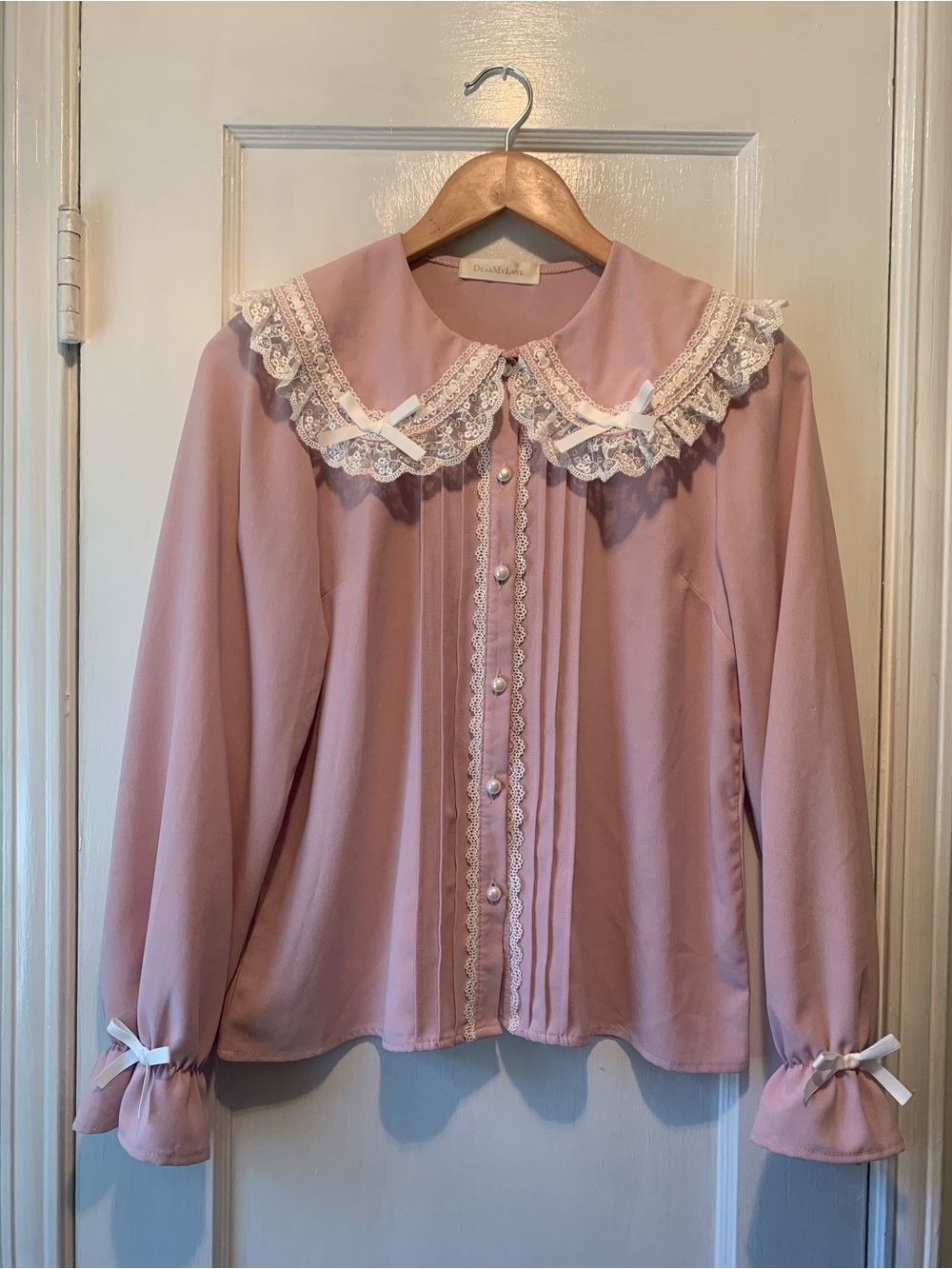 DearMyLove Dusty Pink Lace Ruffle Peter Pan Collar Blouse Bows Jirai Kei Lolita
